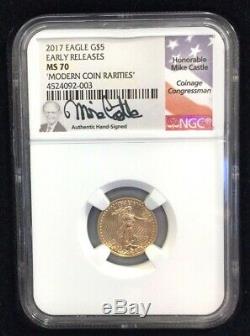 2017 $5 Gold American Eagle 1/10 Oz. NGC MS70 Signed Mike Castle