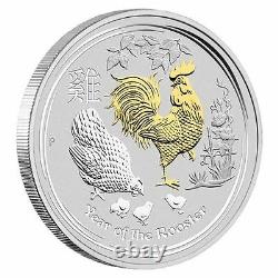 2017 Australia Lunar Year of the Rooster GILDED 1oz SIlver $1 Coin with OGP Gilt