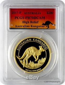 2017-P $200 Australia Kangaroo High Relief 2oz. 9999 Gold Coin PCGS PR70DCAM