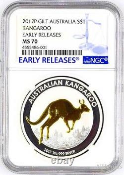 2017 P Australia GILDED Silver Kangaroo NGC MS 70 1 oz Coin withOGP gilt ER LABEL