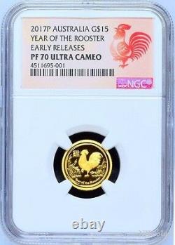 2017 P Australia PROOF GOLD $15 Lunar Year ROOSTER NGC PF70 1/10 oz Coin ER