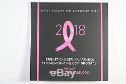 2018W Rose Gold Breast Cancer Awareness Commem Proof $5 Gold Coin withOGP & COA