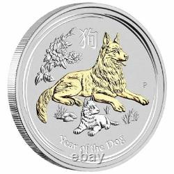 2018 Australia Lunar Year of the Dog GILDED 1oz SIlver $1 Coin with OGP Box Gilt