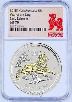 2018 P Australia GILDED Silver Lunar Year of DOG NGC MS 70 1oz $1 Coin Gilt