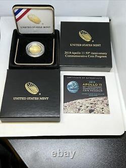 2019 Apollo 11 50th Anniversary $5 Gold Coin, Gem B. U, Ogp, Box & Coa