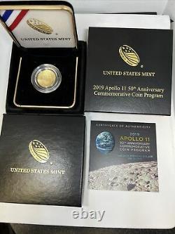 2019 Apollo 11 50th Anniversary $5 Gold Coin, Gem B. U, Ogp, Box & Coa