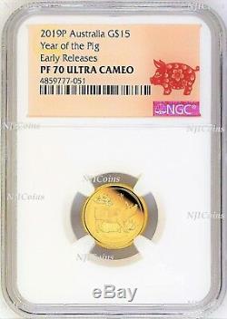 2019 P Australia PROOF GOLD $15 Lunar Year of the PIG NGC PF70 1/10 oz Coin ER