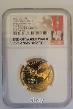 2020W END OF WW II 75th ANN. 1/2 OZ. 24k GOLD COIN NGC PF70 FR OGP & COA