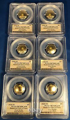 2020 W $5 Gold Basketball Hof Naismith Read! 6 Coin Set Pcgs Pr70dcam 6 Autograp