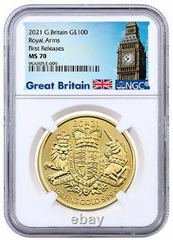 2021 Great Britain Royal Arms 1 oz Gold £100 Coin NGC MS70 FR Big Ben Label