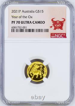 2021 P Australia PROOF GOLD $15 Lunar Year of the Ox NGC PF70 1/10 oz Coin