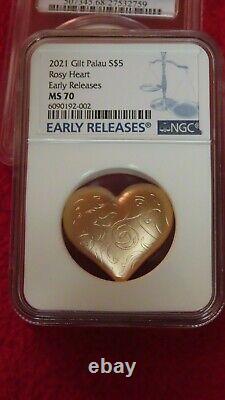 2021 Palau Rosy Heart 3D Heart Shaped 1 oz Silver Rose Gold Gilt Satin NGC MS70