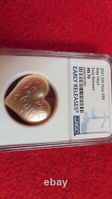 2021 Palau Rosy Heart 3D Heart Shaped 1 oz Silver Rose Gold Gilt Satin NGC MS70