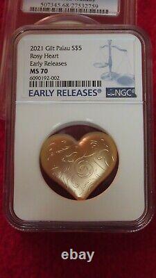 2021 Palau Rosy Heart 3D Heart Shaped 1 oz Silver Rose Gold Gilt Satin NGC MS70