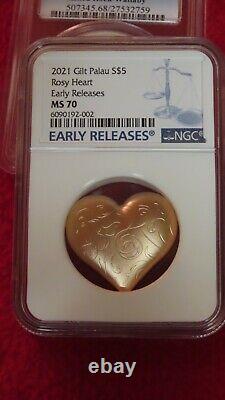 2021 Palau Rosy Heart 3D Heart Shaped 1 oz Silver Rose Gold Gilt Satin NGC MS70