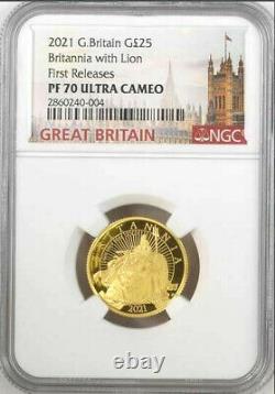 2021 UK Britannia with Lion £25 1/4oz Gold Proof Coin NGC PF70 UC First Releases