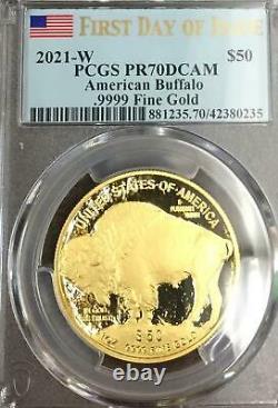 2021-w Proof Gold Buffalo Pcgs Pf-70 First Day Fdoi Flag Label With Ogp