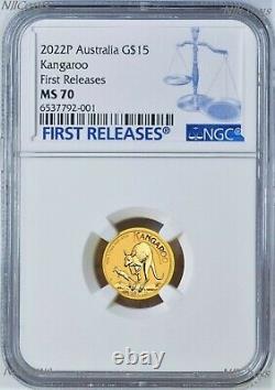 2022 P Australia Bullion. 9999 GOLD $15 Kangaroo NGC MS70 1/10 oz Coin FR