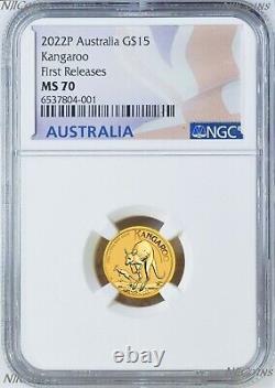 2022 P Australia Bullion. 9999 GOLD $15 Kangaroo NGC MS70 1/10oz Coin FR Flag LB