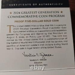 2024 $5 Gold Proof Coin Commemorating America's Greatest Generation Box & CoA