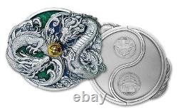 2024 China 2-oz Silver Split Two Dragons Antiqued Gilt Enameled Medal withPearl