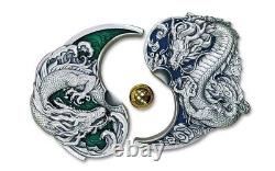 2024 China 2-oz Silver Split Two Dragons Antiqued Gilt Enameled Medal withPearl