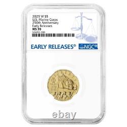 2025-W $5 UNC U. S. Marine Corps 250th Anniv. Gold Commem. NGC MS70 ER Blue Label
