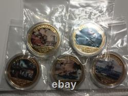 Beautiful, Battle Of Pearl Harbor Commemorative 24 KT Gold, 5 Coin Set With Case