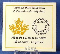 Canada 2014 The Grizzly Bear 1/10 oz Pure Gold Coin #1 O Canada $5 Gold Series