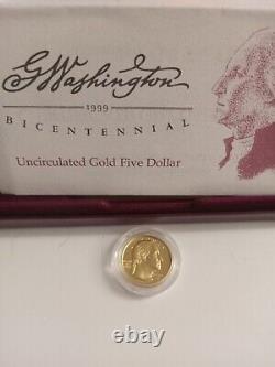 GOLD 1999 George Washington 1/4 Oz. U. S. $5 UNCIRCULATED with box & COA