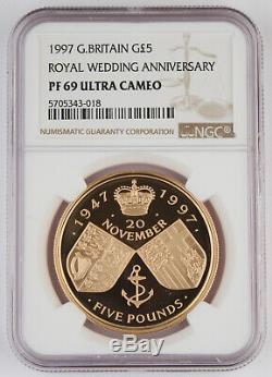 Great Britain UK 1997 5 Pound Gold Proof Coin Royal Wedding Anniversary NGC PF69