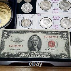 Mega Junk Drawer Lot Coins Watches Red Seal $2 Bill Gold Bar Commemorative Coin