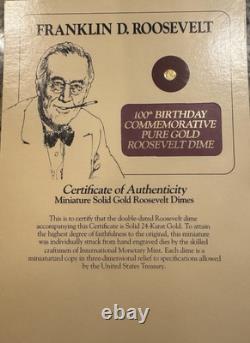 Miniature Solid 24k Gold Roosevelt Dime 100th Birthday Commemorative F. D. R