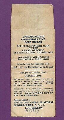 Original Souvenir Envelope Panama-Pacific 1915-S Gold Dollar Commemorative Coin