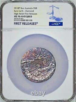 Rare Earth 2018 5oz Silver High Relief Patina golden diamond $8 Coin NGC MS70 FR