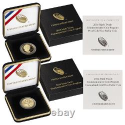 Set of 2 2016-W $5 US Gold Mark Twain Commemorative Proof & Unc. With OGP coins