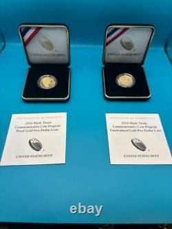 Set of 2 2016-W $5 US Gold Mark Twain Commemorative Proof & Unc. With OGP coins