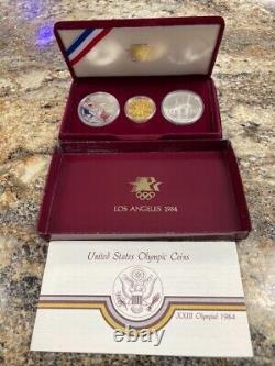 US Mint Los Angeles Olympic 1983/1984 Gold & Silver Commemorative 3 Coin Set COA