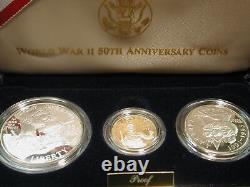 U. S WW II 50th Anniversary 3 Piece Proof $5 Gold Silver $1 Clad Half