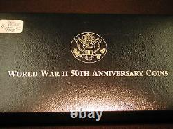 U. S WW II 50th Anniversary 3 Piece Proof $5 Gold Silver $1 Clad Half