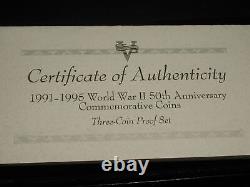 U. S WW II 50th Anniversary 3 Piece Proof $5 Gold Silver $1 Clad Half