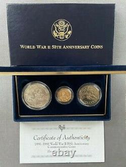 WORLD WAR II 50th ANNIVERSARY GOLD & SILVER & CLAD PROOF 3 COIN SET 1991-95